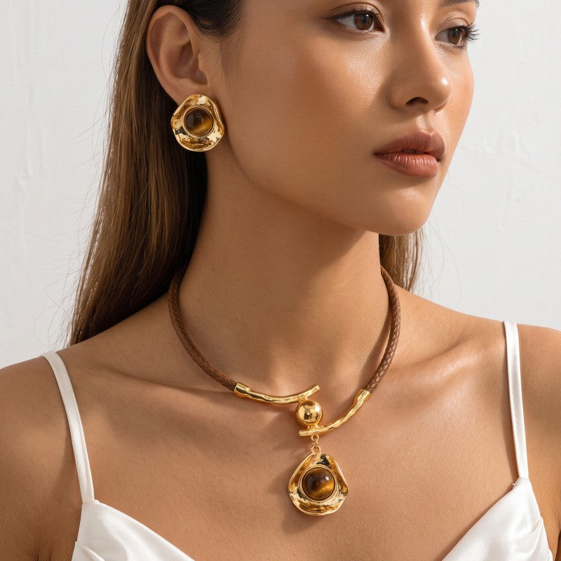 Classy Tiger Eye Textured Cord Necklace & Earring Set