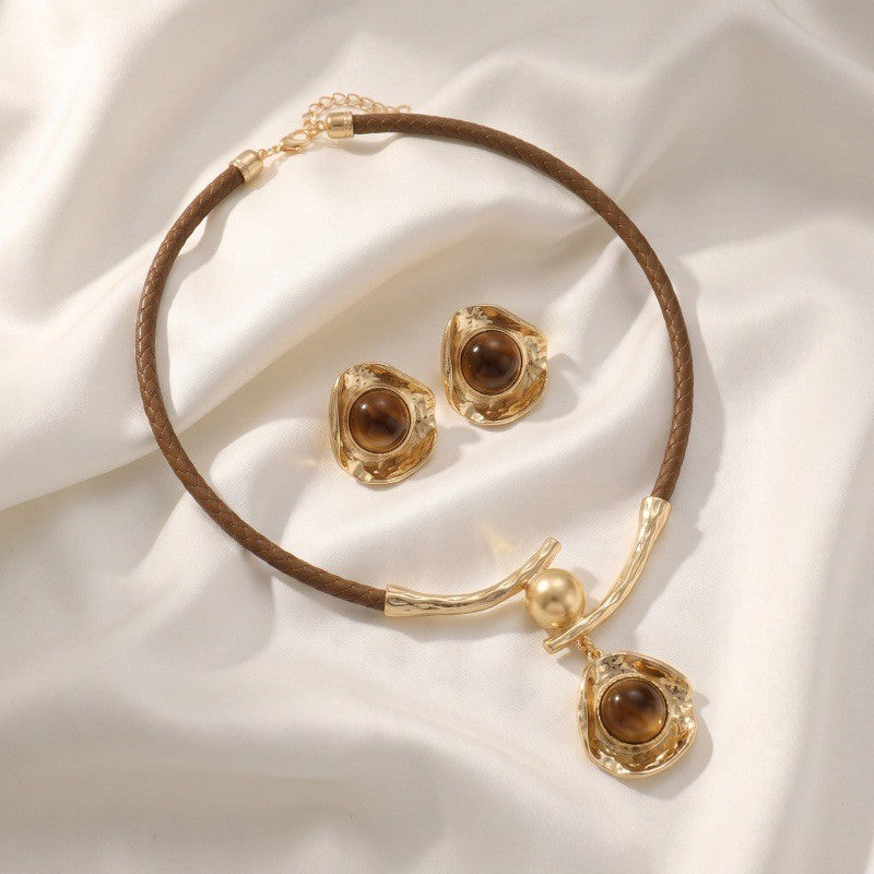Classy Tiger Eye Textured Cord Necklace & Earring Set