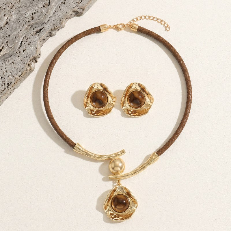 Classy Tiger Eye Textured Cord Necklace & Earring Set