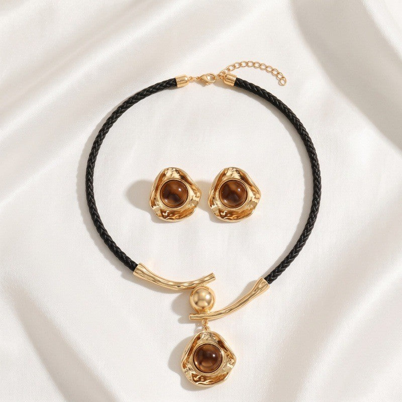 Classy Tiger Eye Textured Cord Necklace & Earring Set