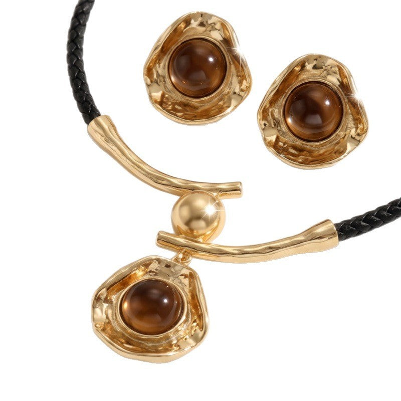 Classy Tiger Eye Textured Cord Necklace & Earring Set