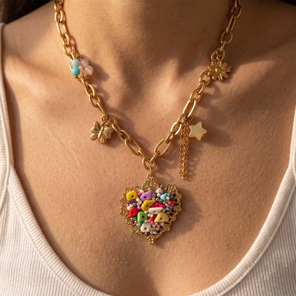 Boho Colorful Beaded Heart Pendant Necklace