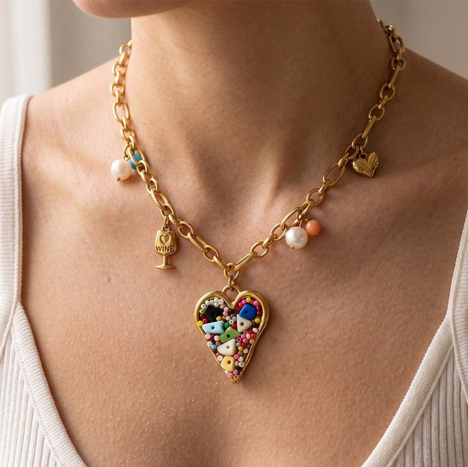 Boho Colorful Beaded Heart Pendant Necklace