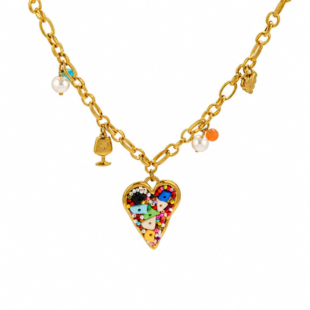 Boho Colorful Beaded Heart Pendant Necklace