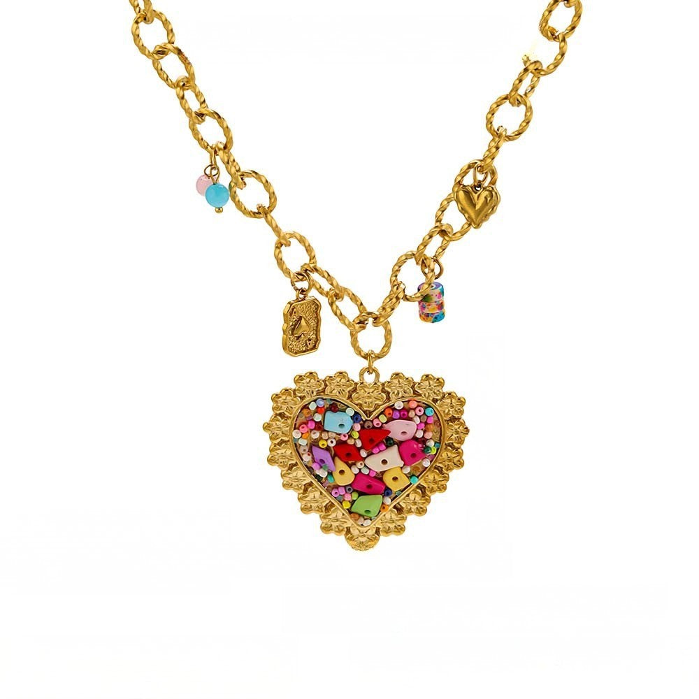 Boho Colorful Beaded Heart Pendant Necklace