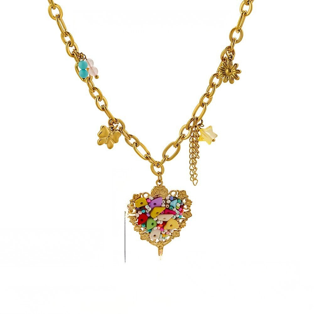 Boho Colorful Beaded Heart Pendant Necklace