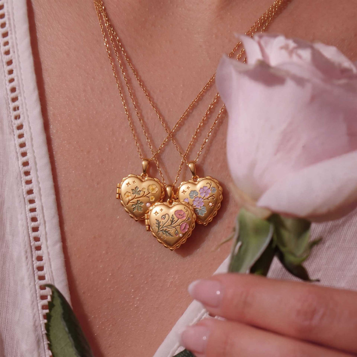 Romantic Enamel Wildflower Heart Locket Necklace