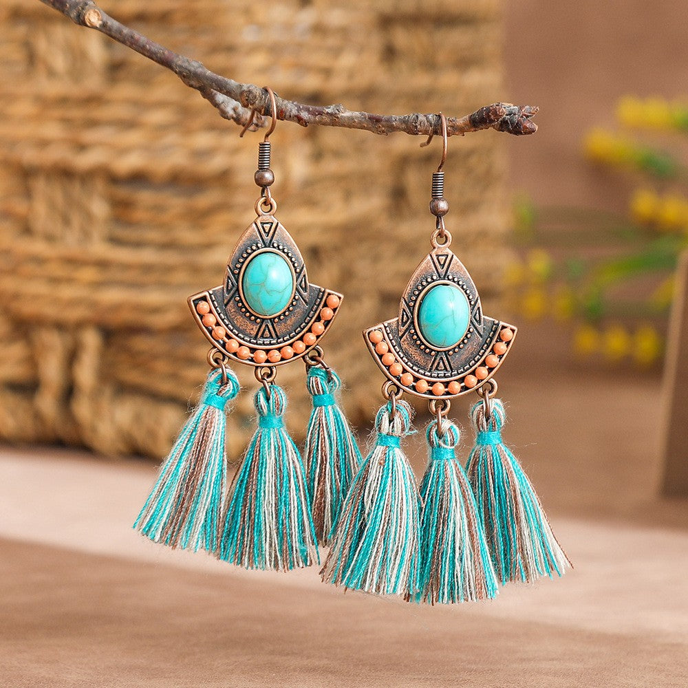 Boho Vintage Turquoise Fan Tassel Earrings