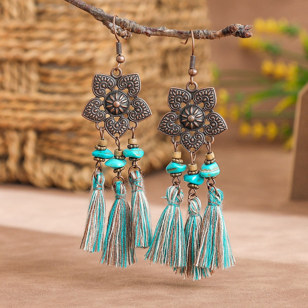 Boho Vintage Turquoise Fan Tassel Earrings