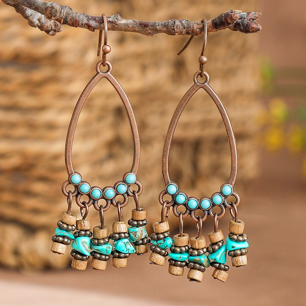 Boho Vintage Turquoise Fan Tassel Earrings