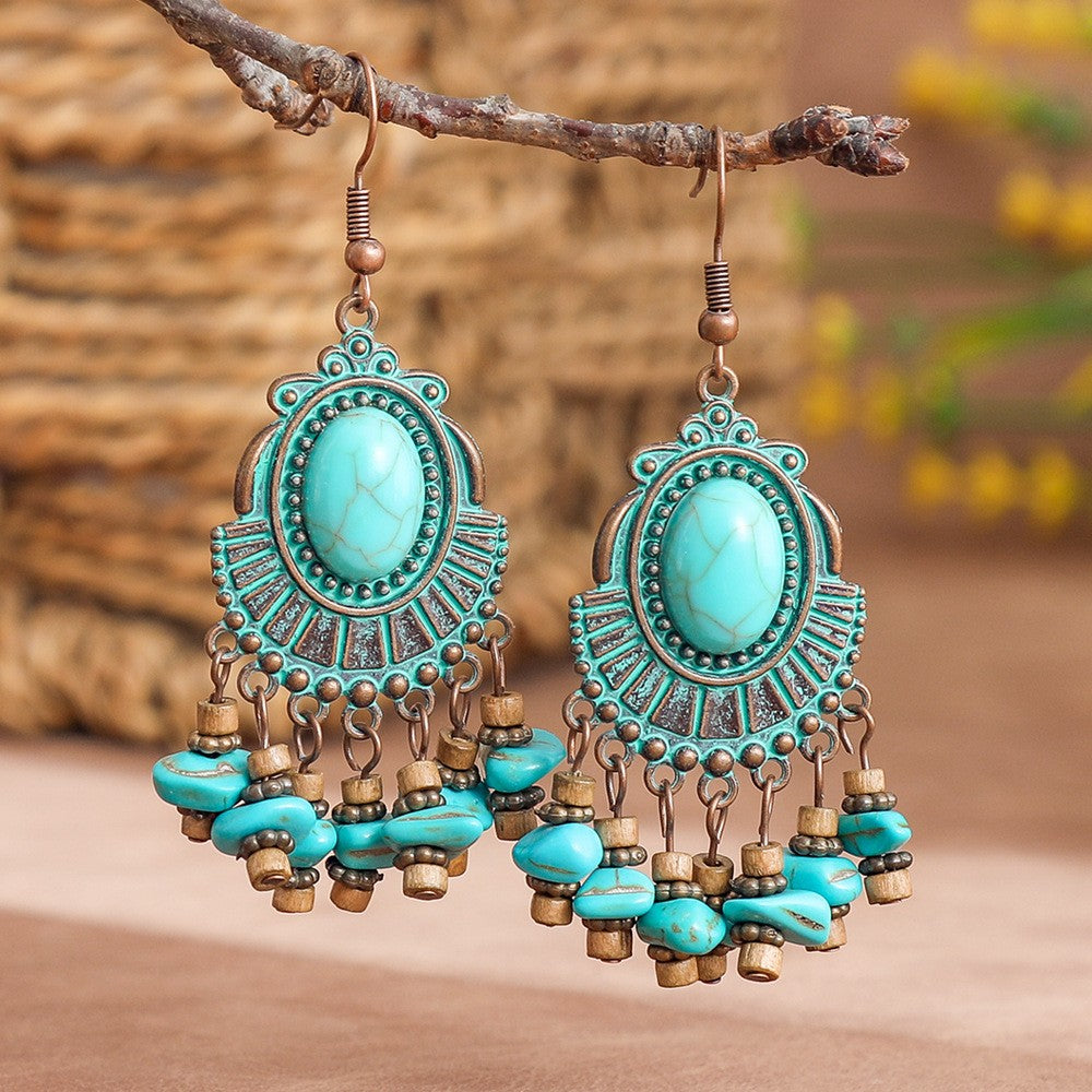 Boho Vintage Turquoise Fan Tassel Earrings