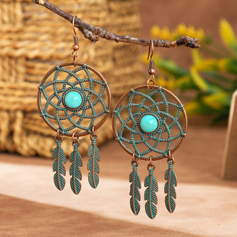 Boho Vintage Turquoise Fan Tassel Earrings