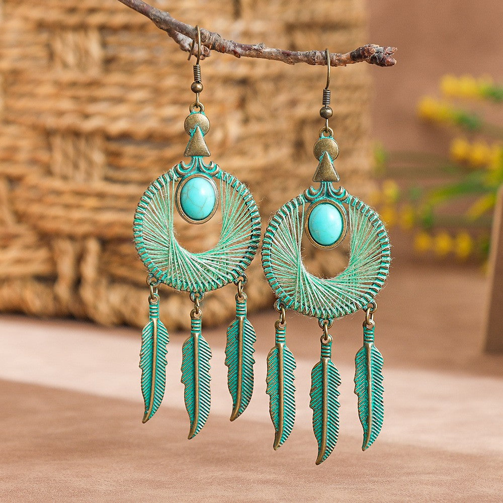 Boho Vintage Turquoise Fan Tassel Earrings
