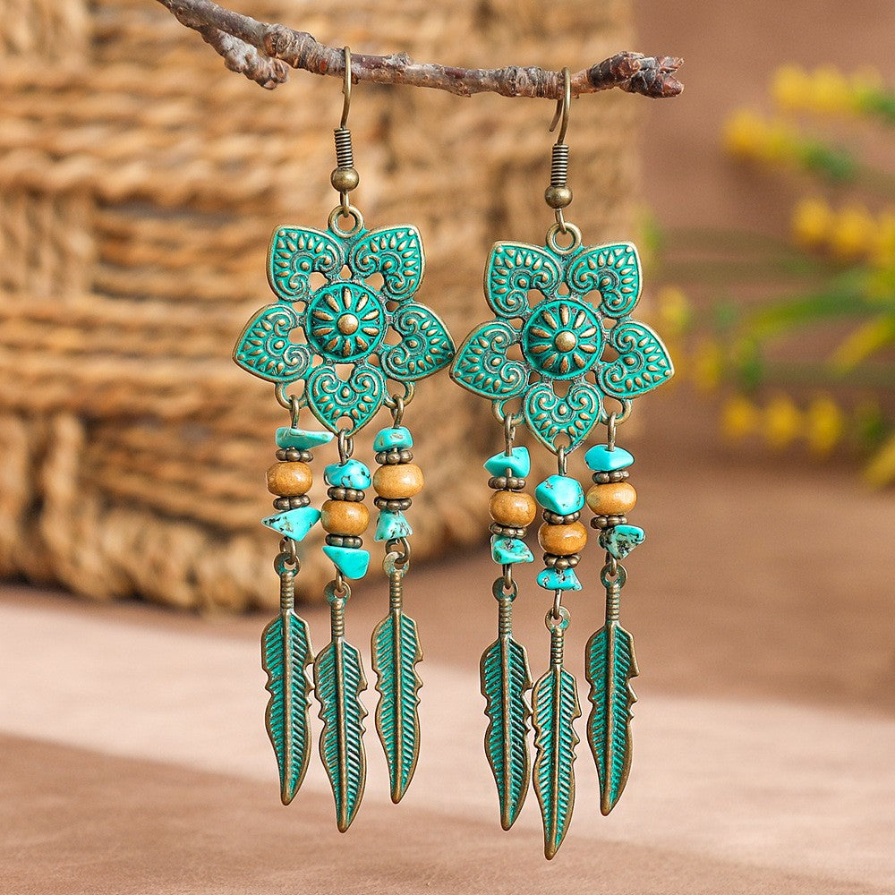 Boho Vintage Turquoise Fan Tassel Earrings