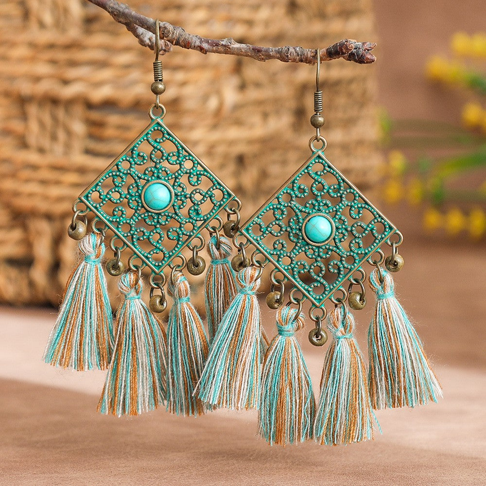 Boho Vintage Turquoise Fan Tassel Earrings