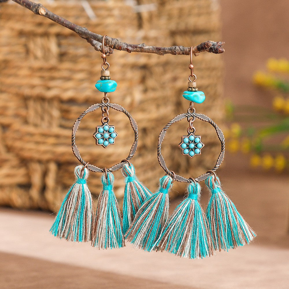 Boho Vintage Turquoise Fan Tassel Earrings