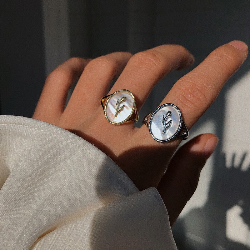 Dainty Mother of Pearl Leaf Signet Ring