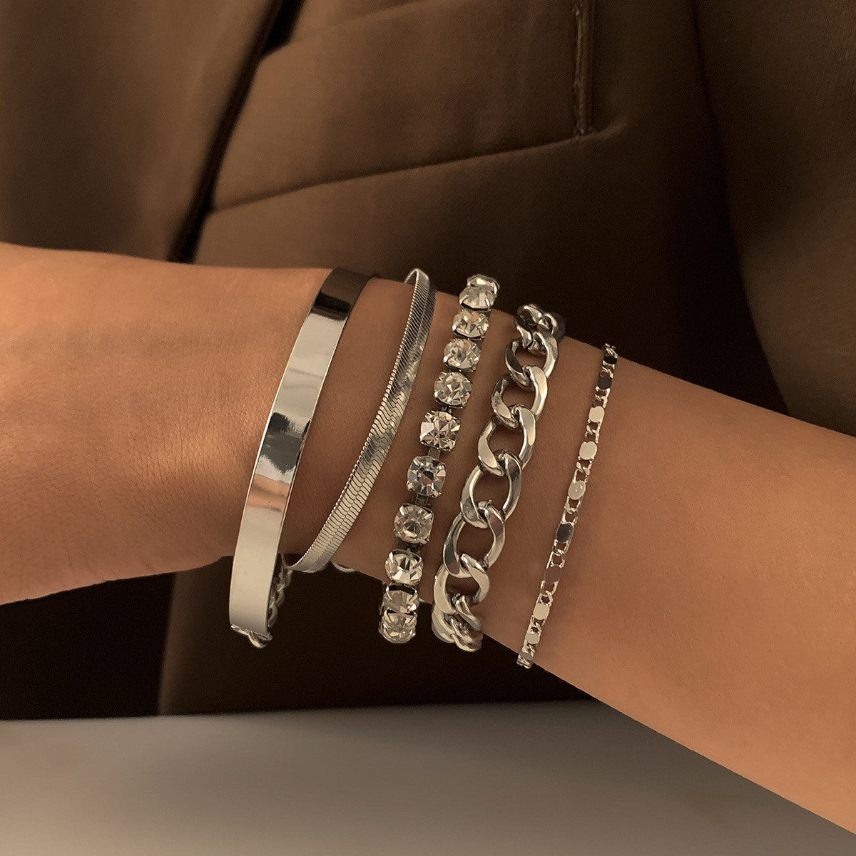 Classy Rhinestone & Mixed Chain Bracelet Set