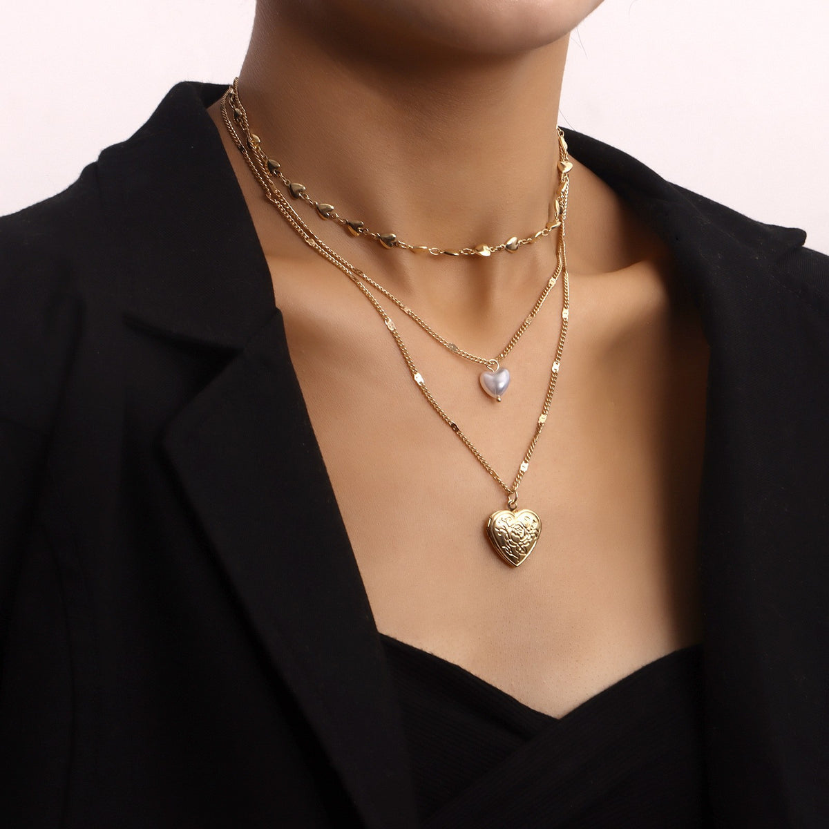 Romantic Multi-Layer Faux Pearl Heart Locket Necklace