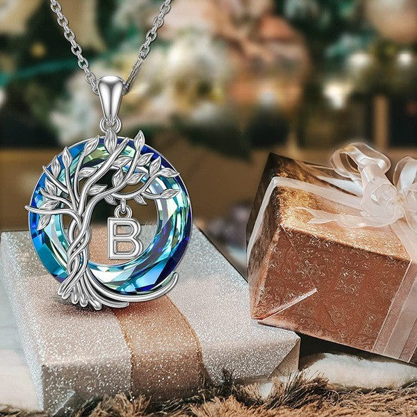 Elegant Blue Crystal Tree Initial Necklace