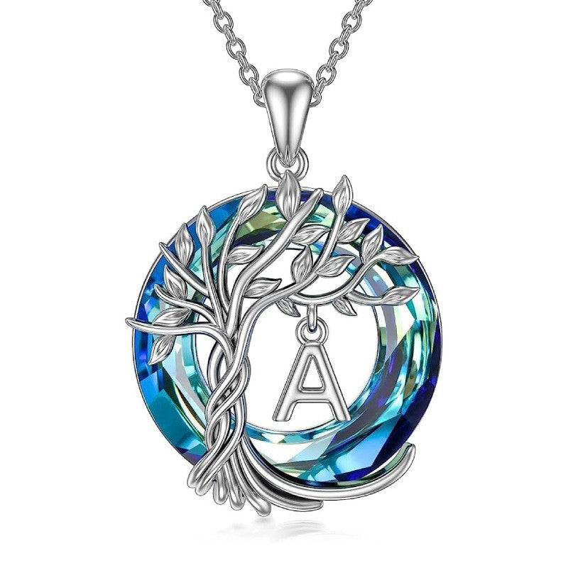 Elegant Blue Crystal Tree Initial Necklace