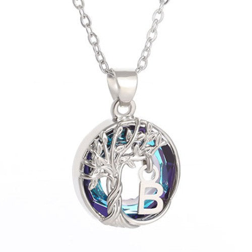 Elegant Blue Crystal Tree Initial Necklace