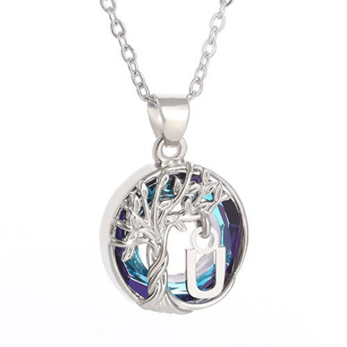 Elegant Blue Crystal Tree Initial Necklace