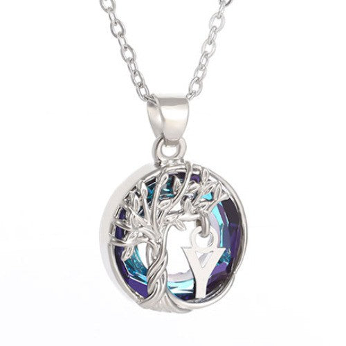 Elegant Blue Crystal Tree Initial Necklace