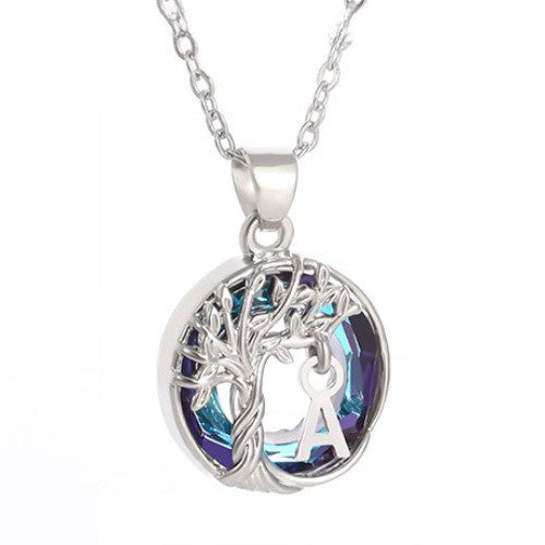 Elegant Blue Crystal Tree Initial Necklace