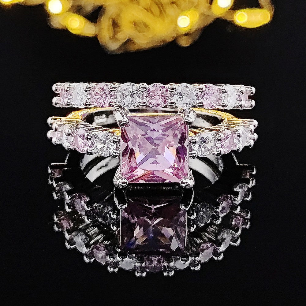 Romantic Pink Geometric Zirconia Ring Set