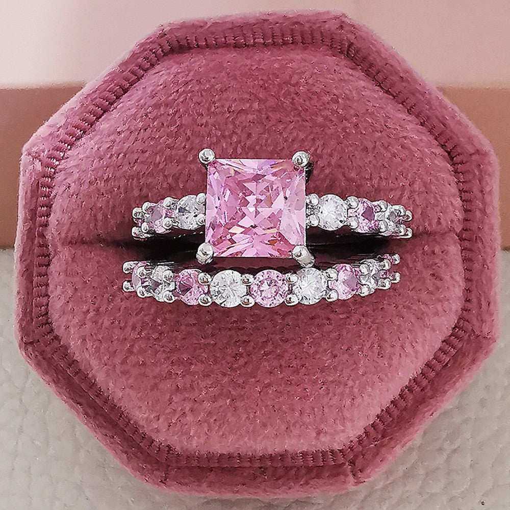 Romantic Pink Geometric Zirconia Ring Set