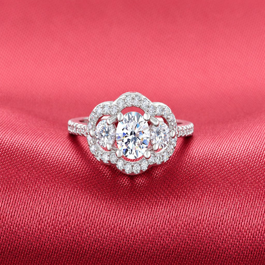 Classy Three Stone Halo Ring