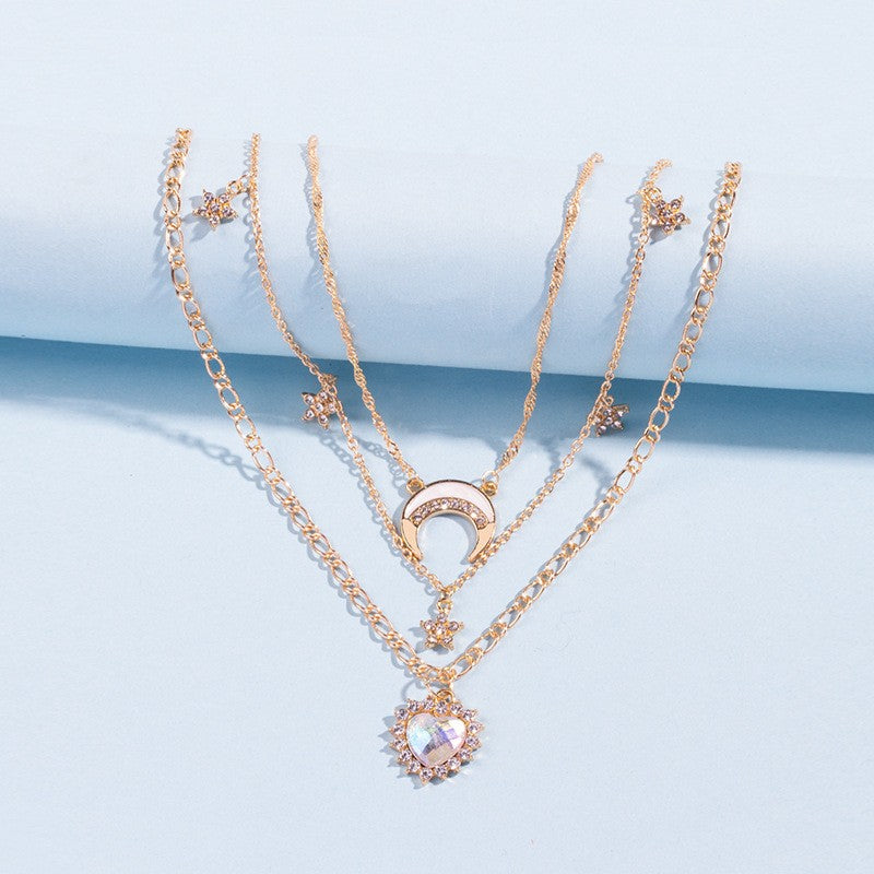 Dainty Opal Moon and Heart Layered Necklace