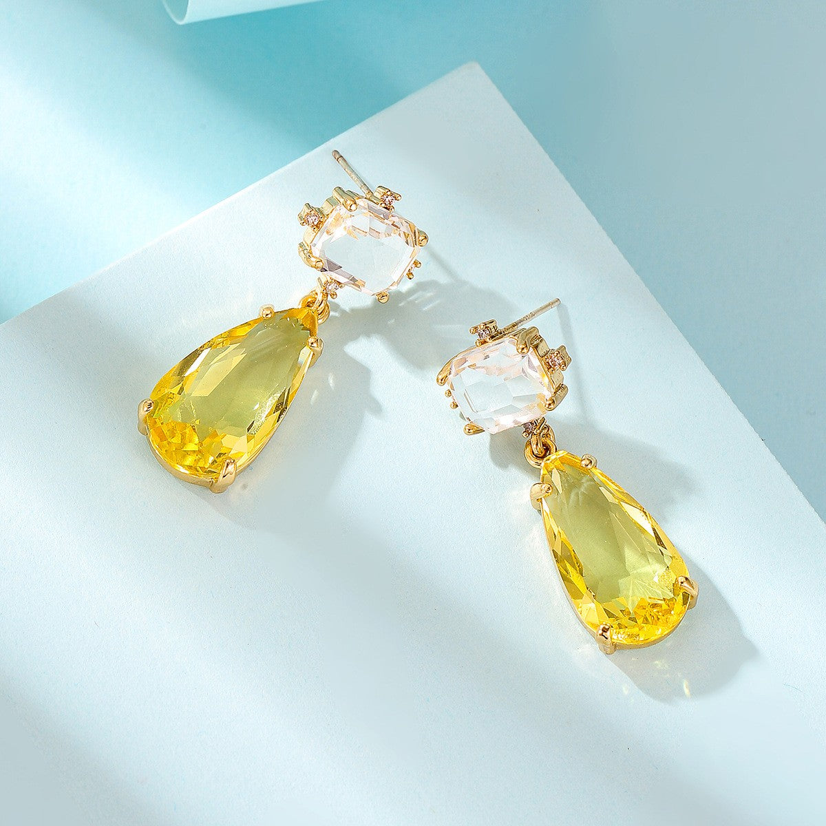 Classy Yellow Teardrop Crystal Dangle Earrings