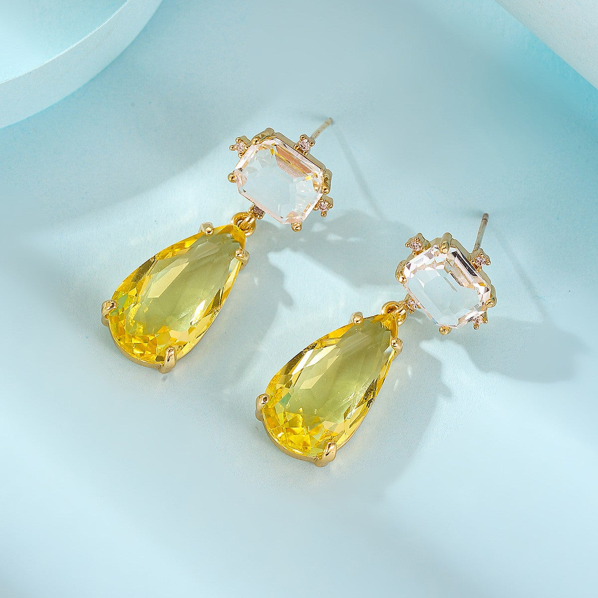 Classy Yellow Teardrop Crystal Dangle Earrings
