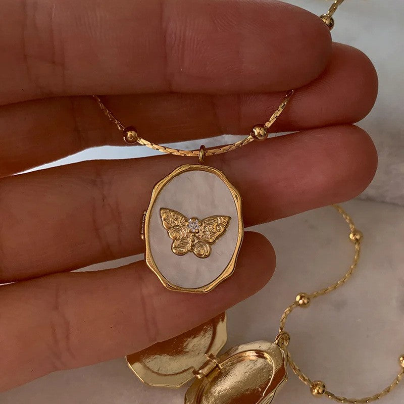 Dainty Butterfly Mother of Pearl Locket Necklace