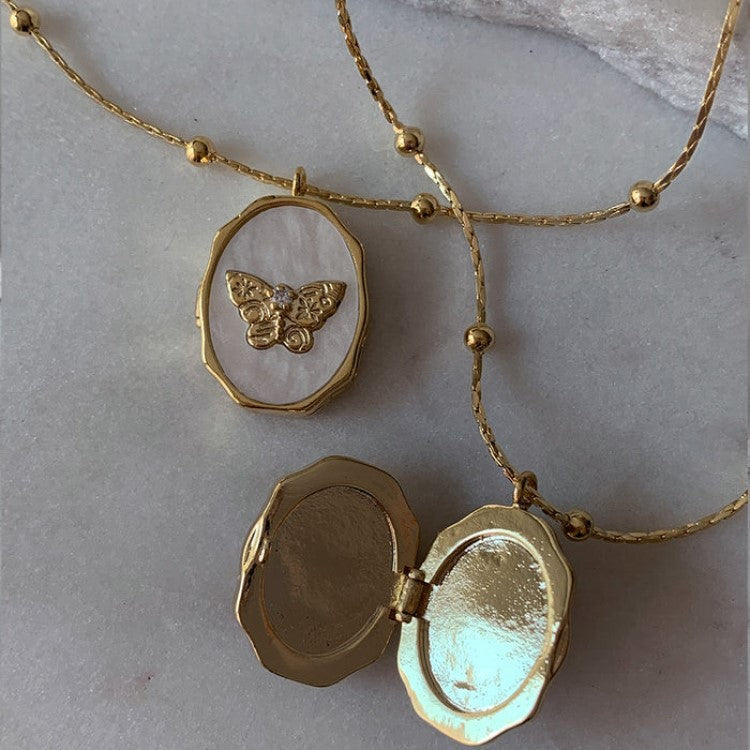 Dainty Butterfly Mother of Pearl Locket Necklace