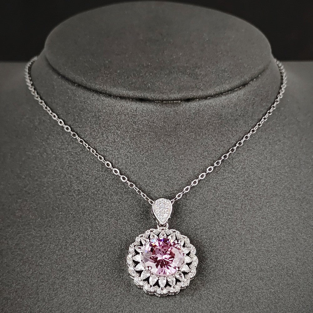 Romantic Pink Zircon Halo Pendant Necklace