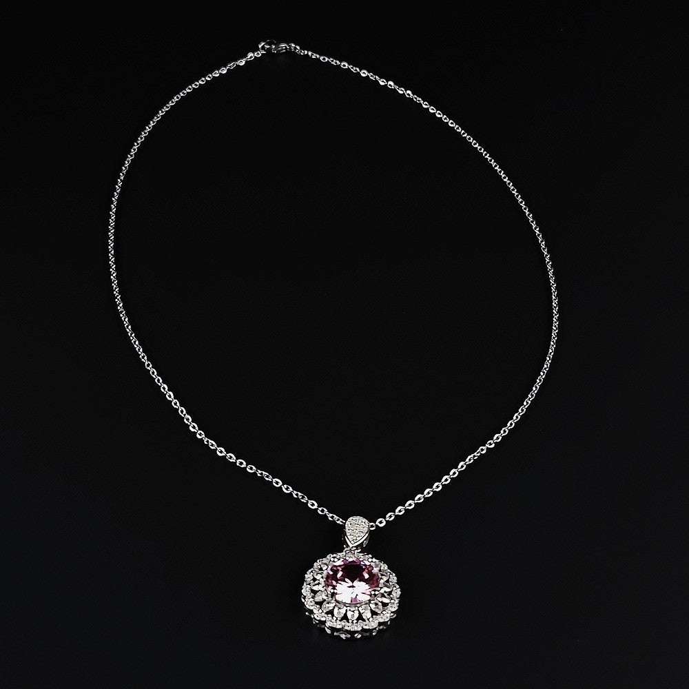 Romantic Pink Zircon Halo Pendant Necklace