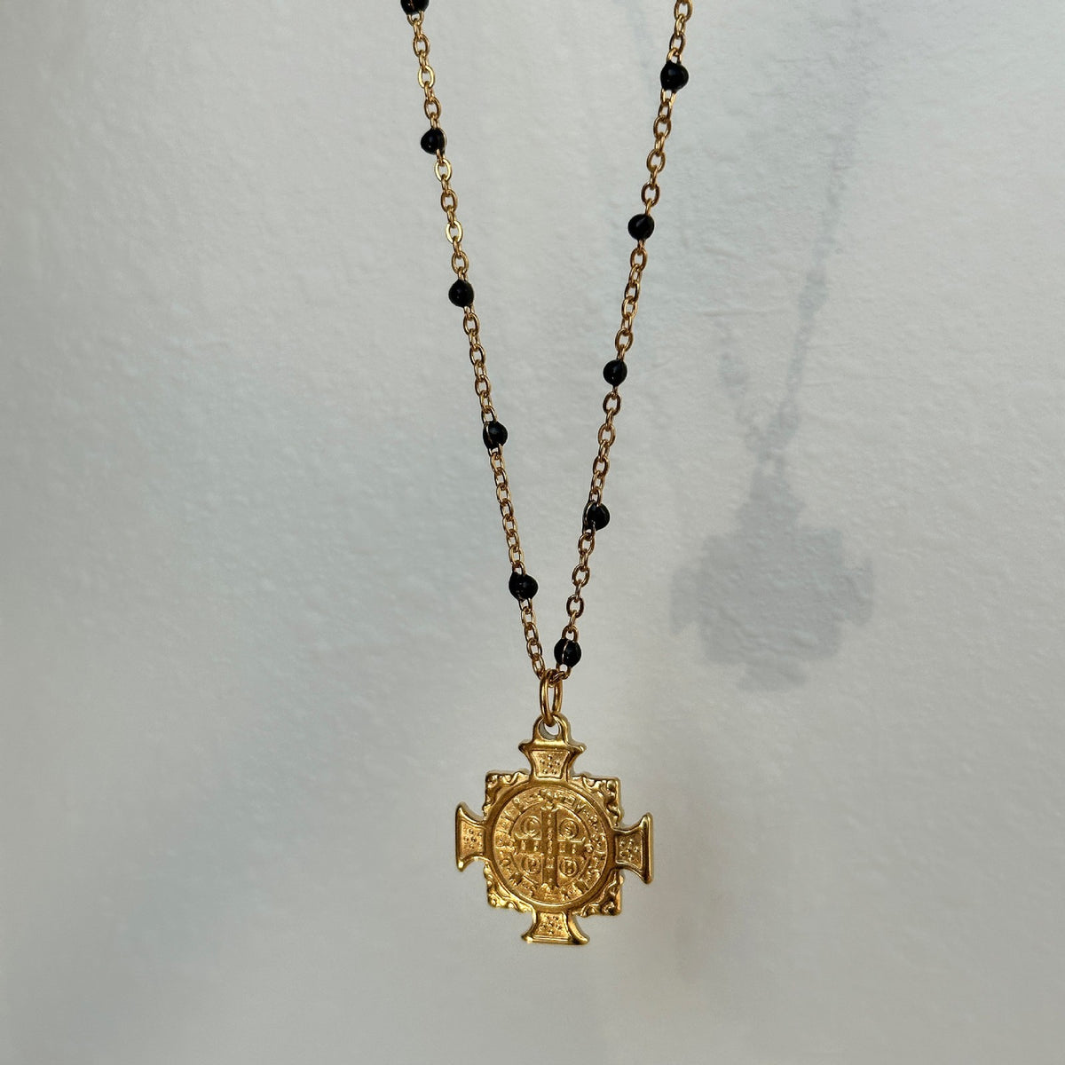 Vintage Black Bead Cross Necklace