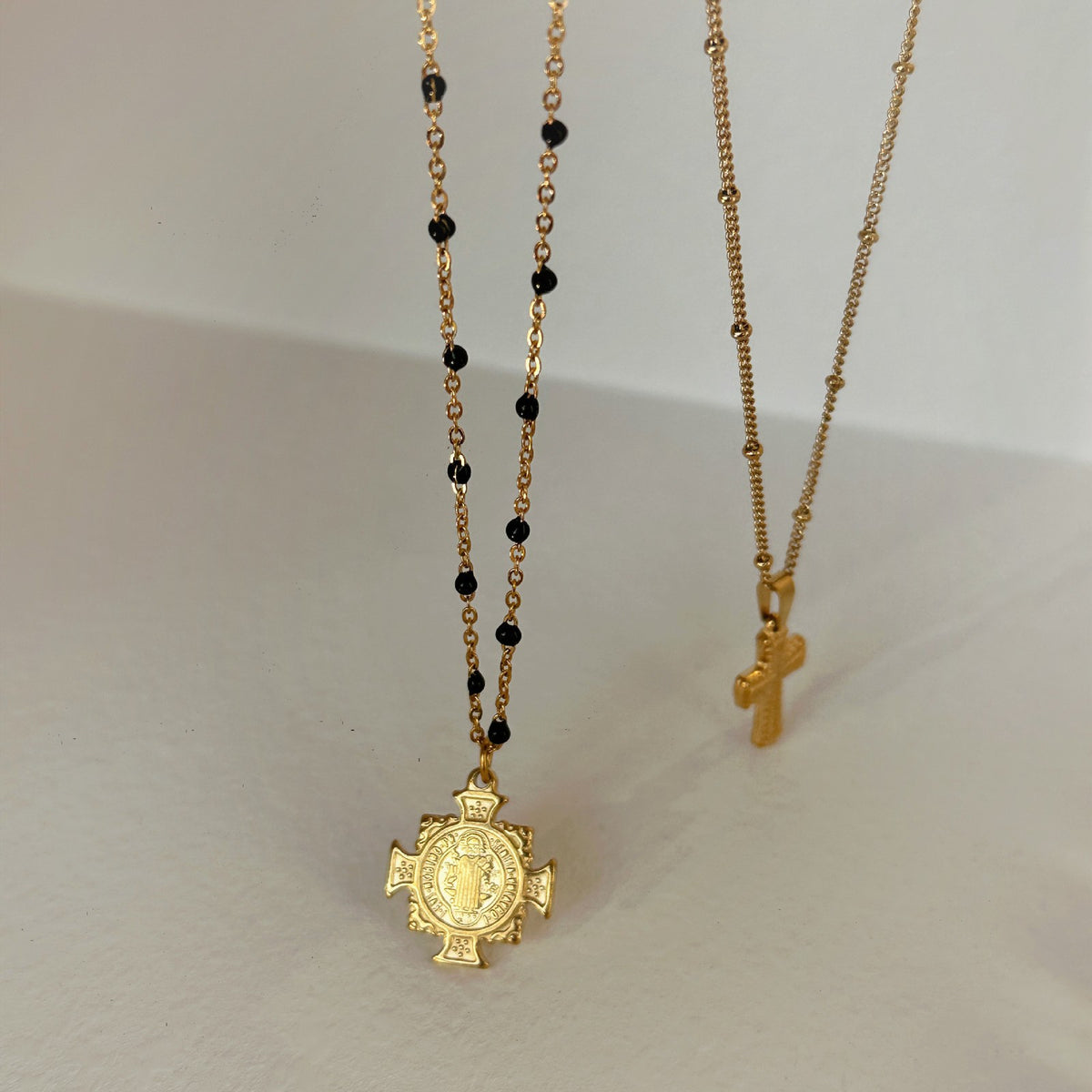 Vintage Black Bead Cross Necklace