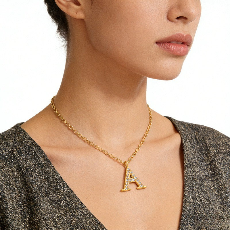 18k Dainty Rhinestone Initial Letter Necklace
