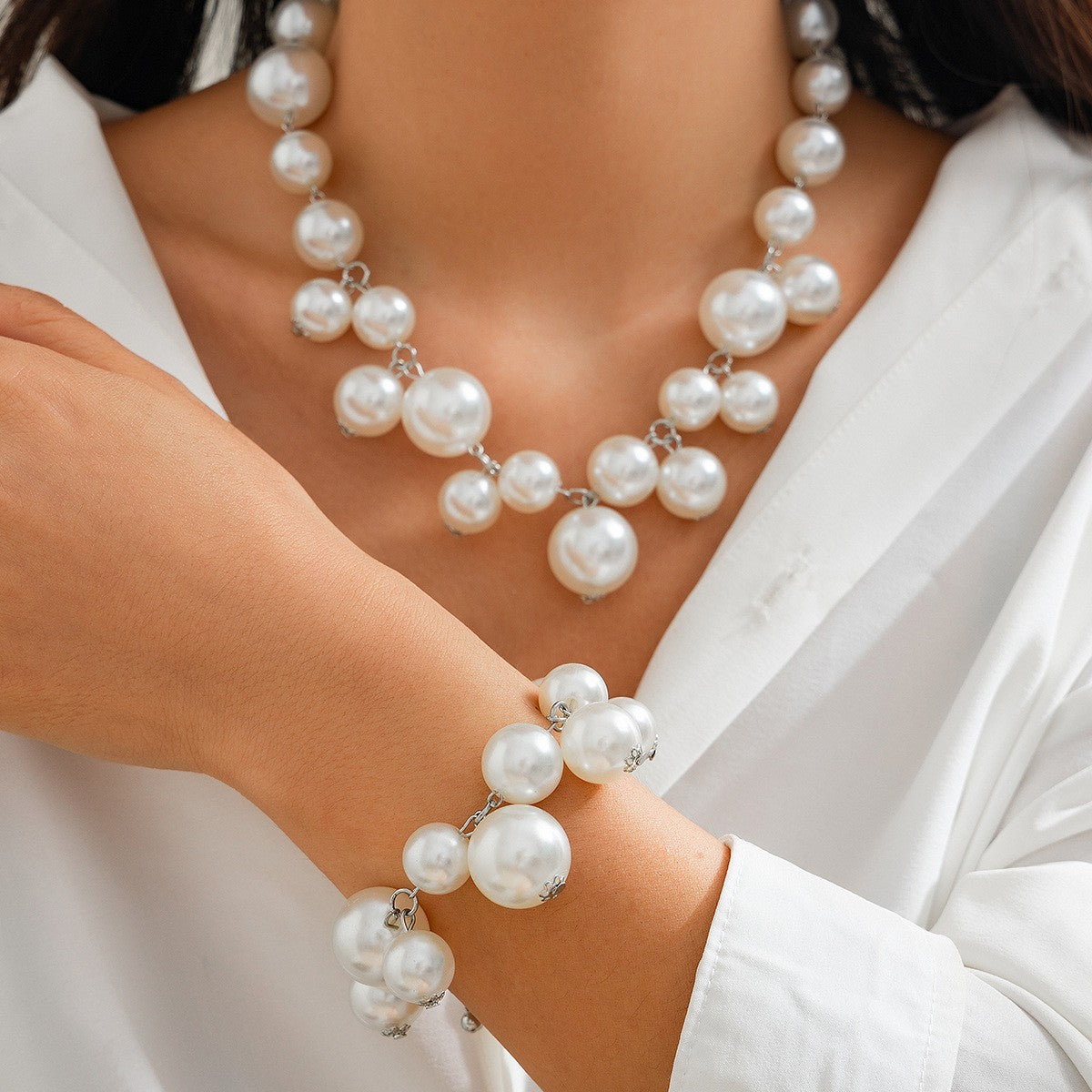 Classy Faux Pearl Sphere Necklace & Bracelet Set