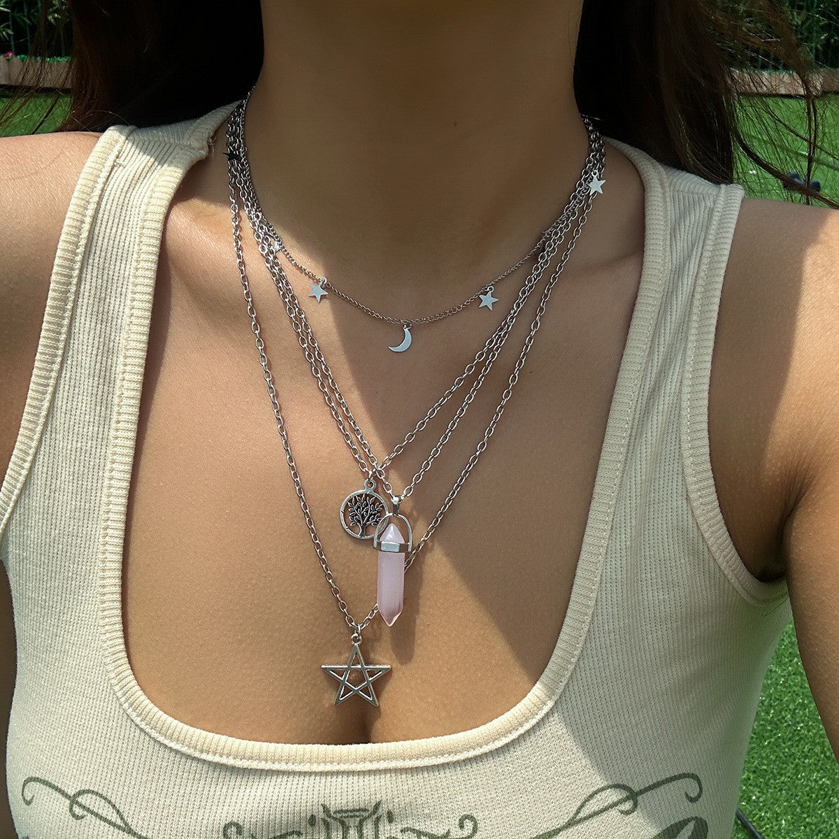 Boho Layered Evil Eye & Jade Pendant Necklace