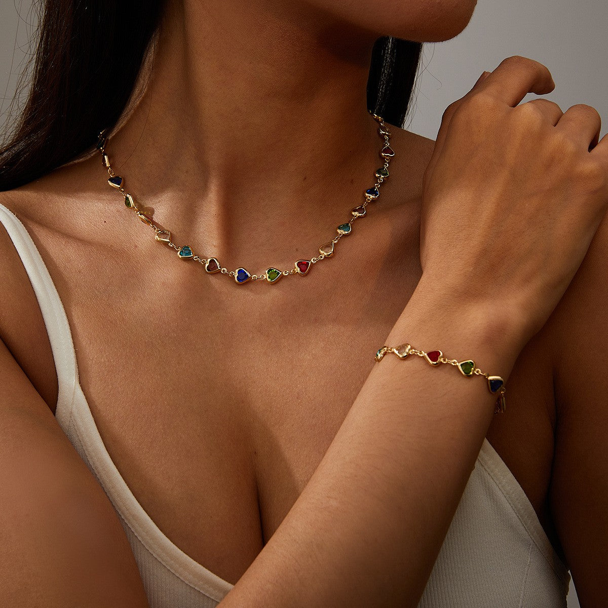 Dainty Multi-Color Heart Necklace and Bracelet Set