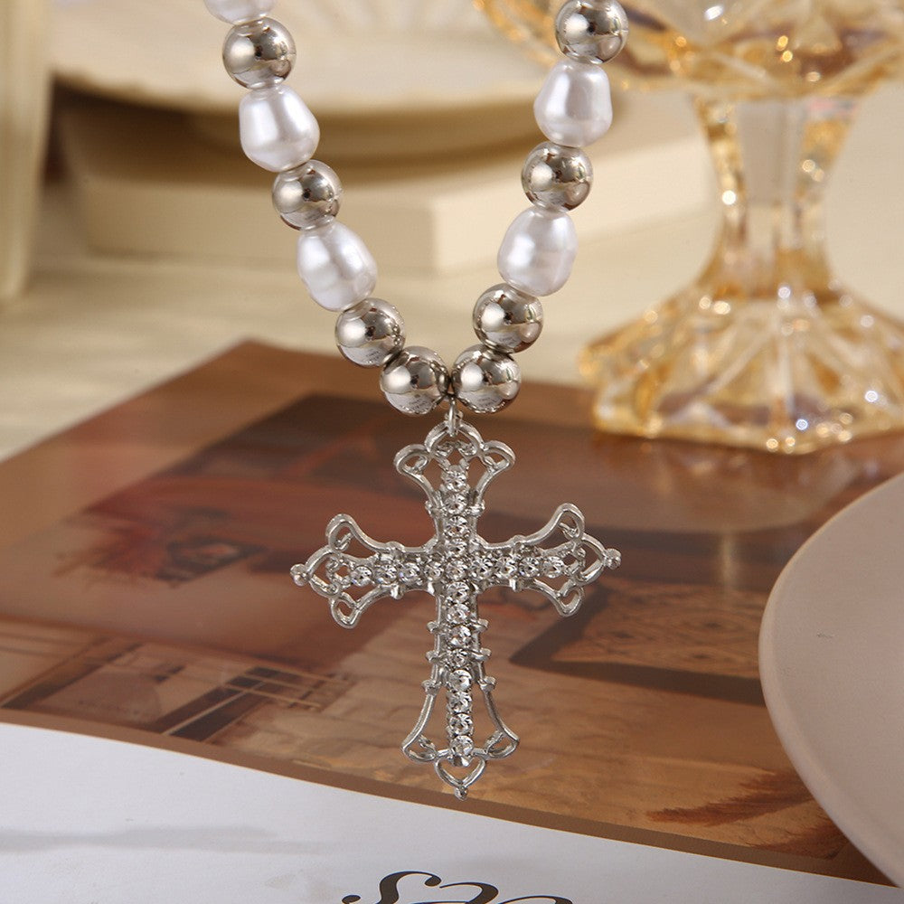 Edgy Faux Pearl Cross Necklace