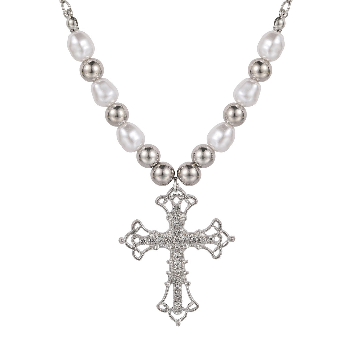 Edgy Faux Pearl Cross Necklace