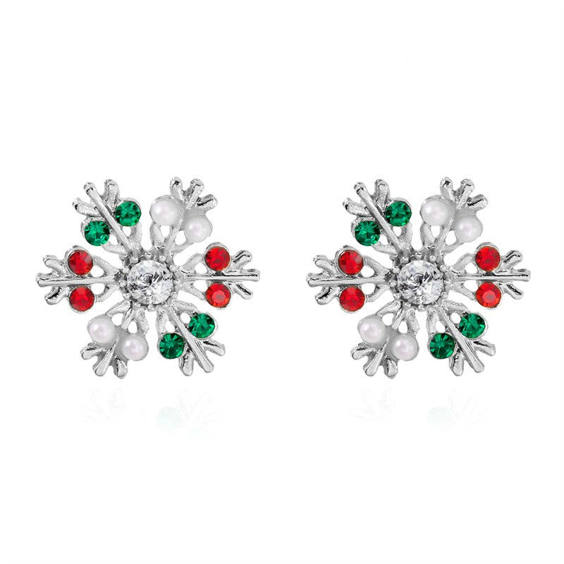 Festive Red Green Snowflake Stud Earrings