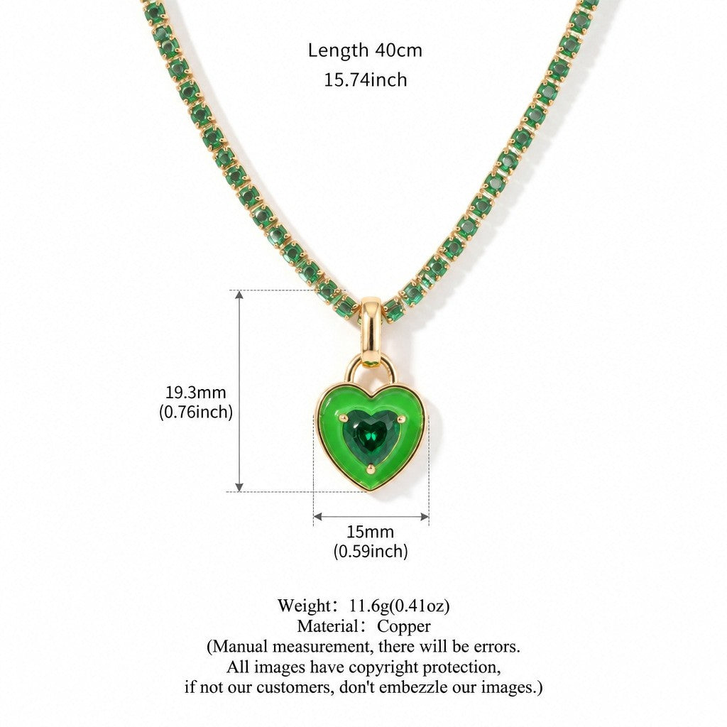 Romantic Green Enamel Heart Tennis Necklace