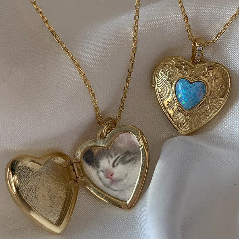 Vintage Engraved Opal Heart Locket Necklace
